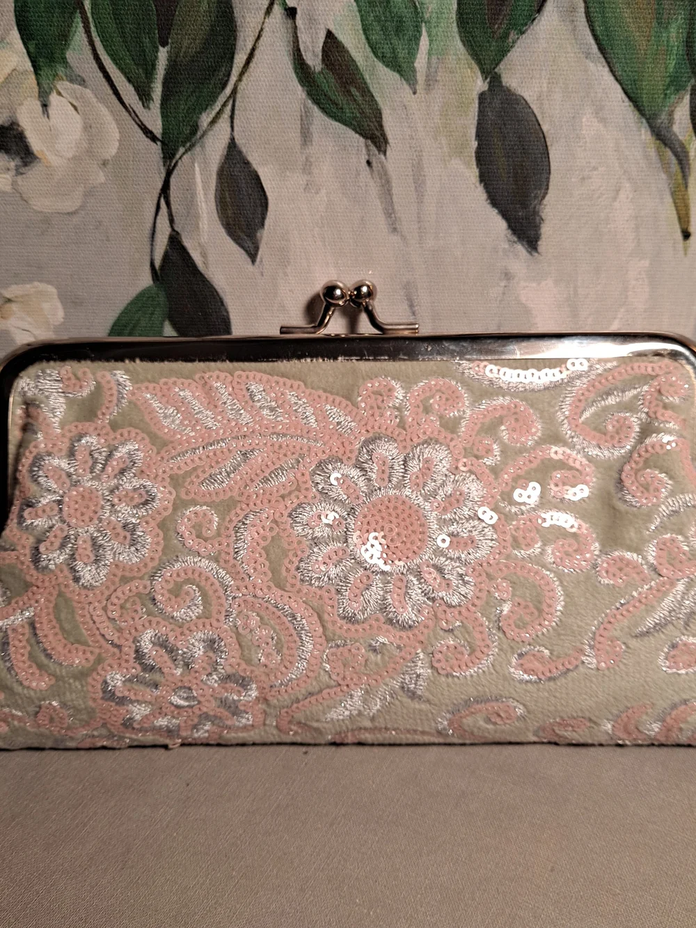 Daughters Of The American Revolution Vintage Sequin Floral Pink Green Silver Bag